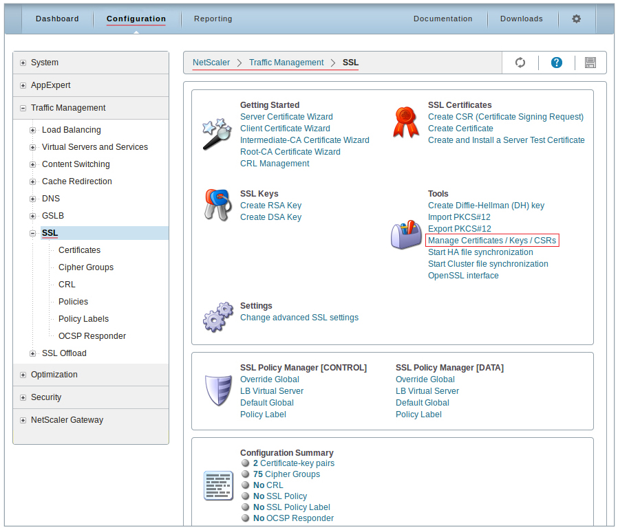  NetScaler - Traffic Management - SSL - Tools - Manage Certificates