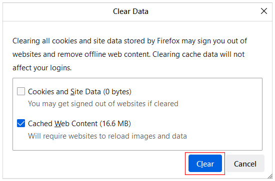 Firefox Clear Data - Cached Web Content
