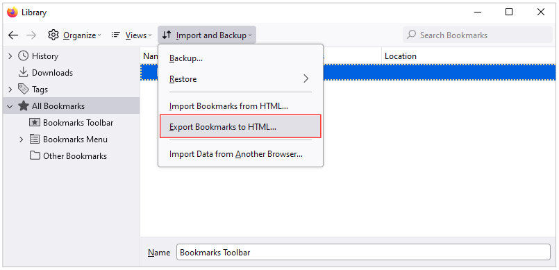 Firefox Export Bookmarks to HTML