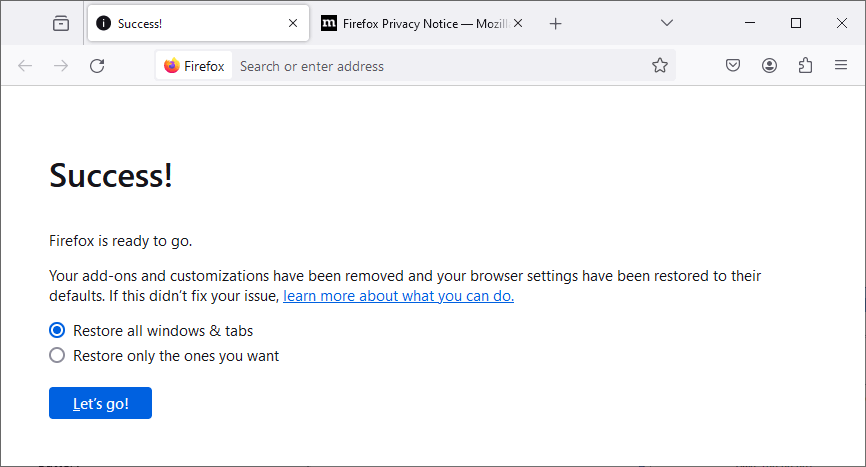 Refresh Firefox Success