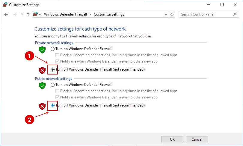 Turn off Windows Defender Firewall