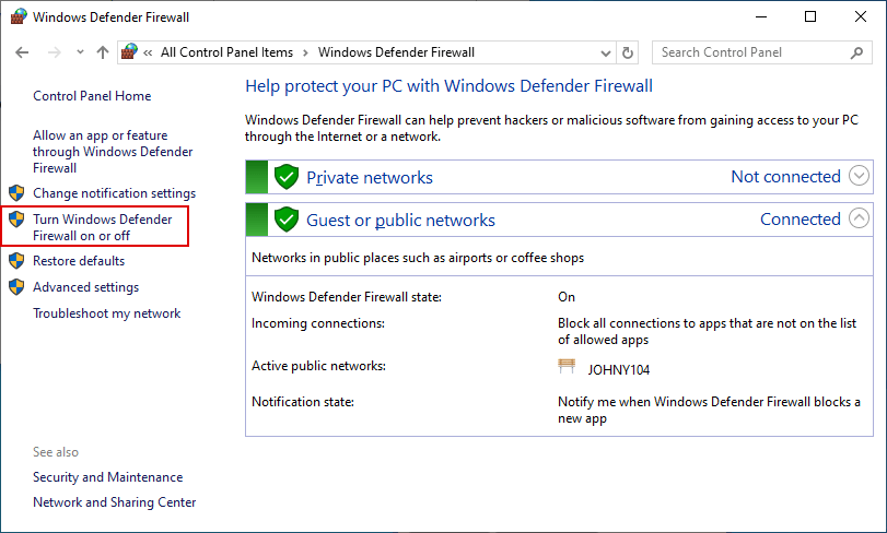 Turn Windows Defender Firewall On or Off