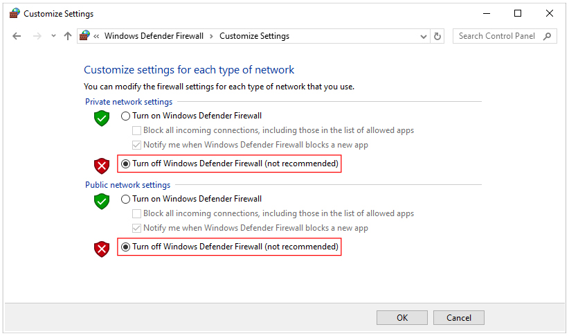 Windows Defender Firewall Customize Setting