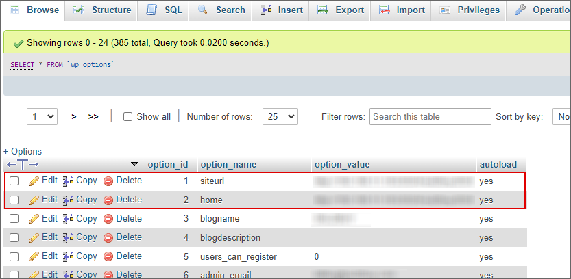 phpMyAdmin wp_options