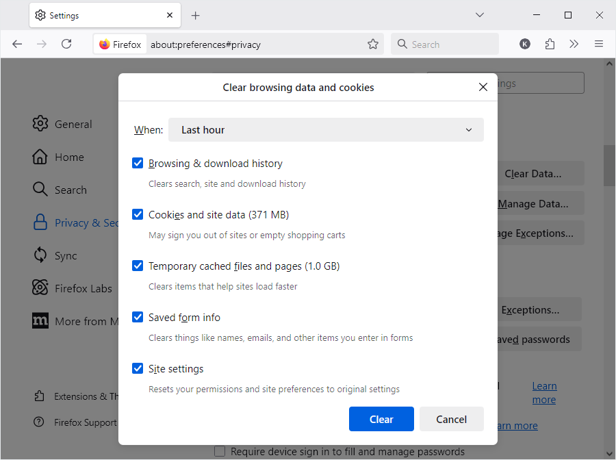 Firefox Cookies and Site Data Clear