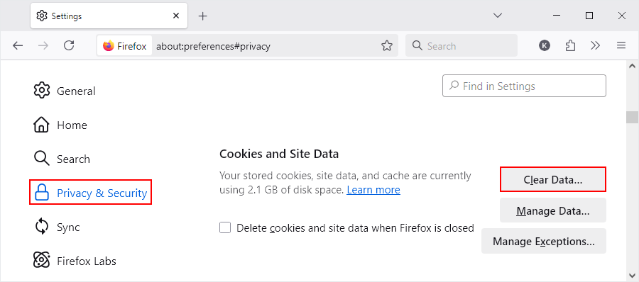 Firefox Cookies and Site Data